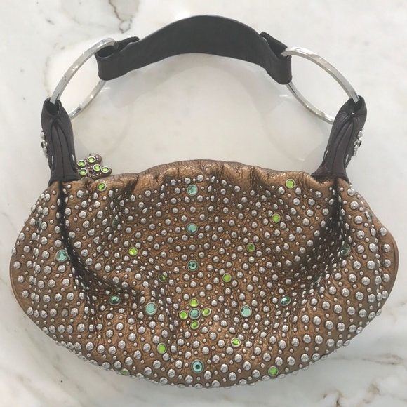 G SERIES BRONZE LEATHER CRYSTAL EMBELLISHED STUD CLUTCH BAG - Picture 4 of 16